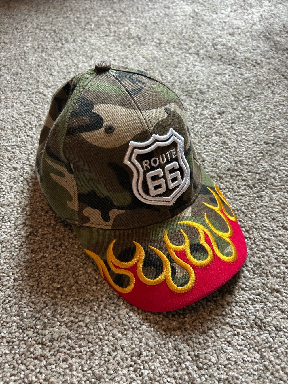 Route 66 Men’s Camo baseball style Cap with Red Flame Visor